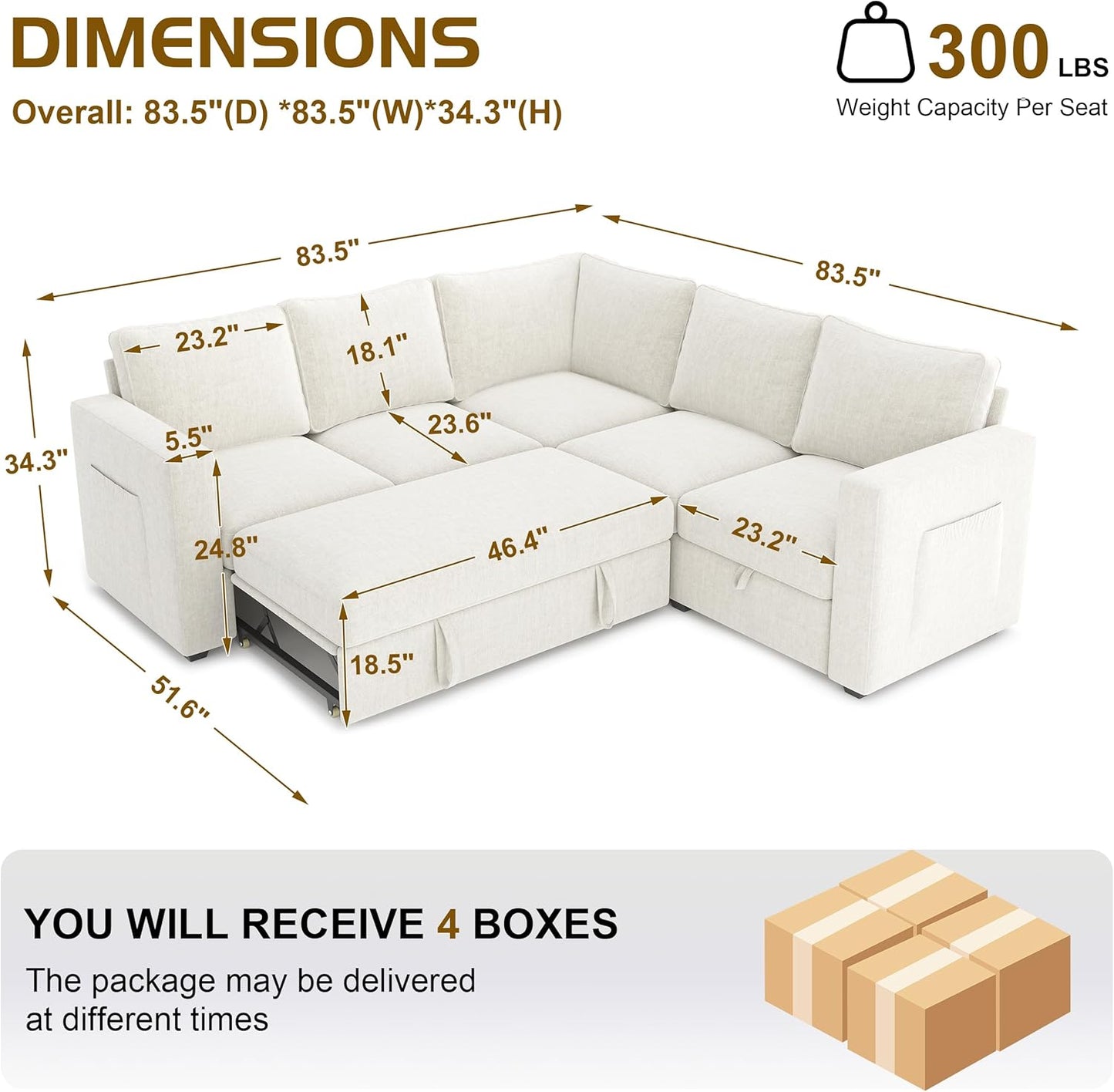 83.5" Sectional Sleeper Sofa with Pull Out Couch, Modern 5 Seat L Shaped Modular Couch, Sectionals Modular Sofa with Storage, Comfy Sectional Couches for Living Room & Apartment, Light Beige