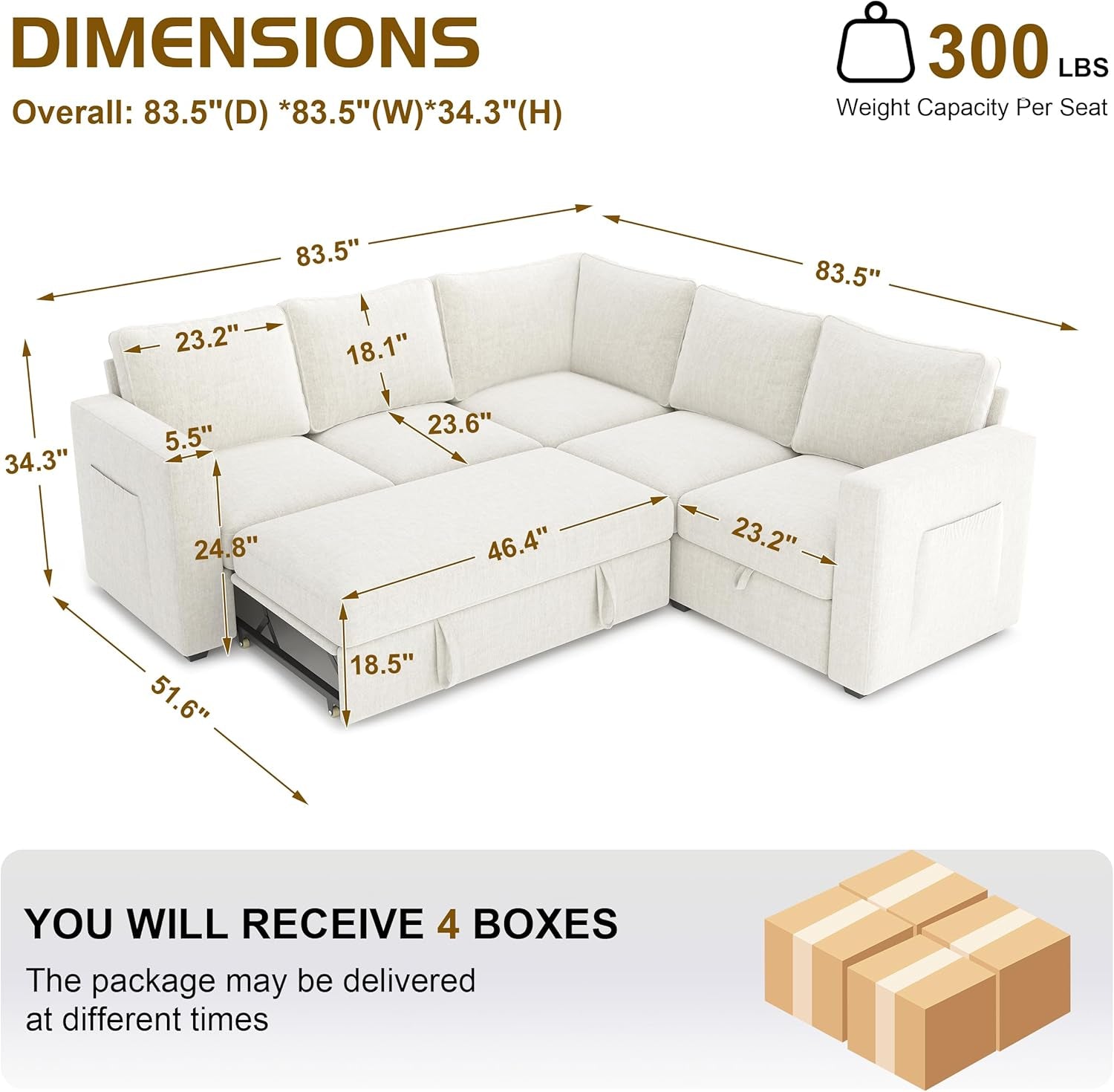 83.5" Sectional Sleeper Sofa with Pull Out Couch, Modern 5 Seat L Shaped Modular Couch, Sectionals Modular Sofa with Storage, Comfy Sectional Couches for Living Room & Apartment, Light Beige