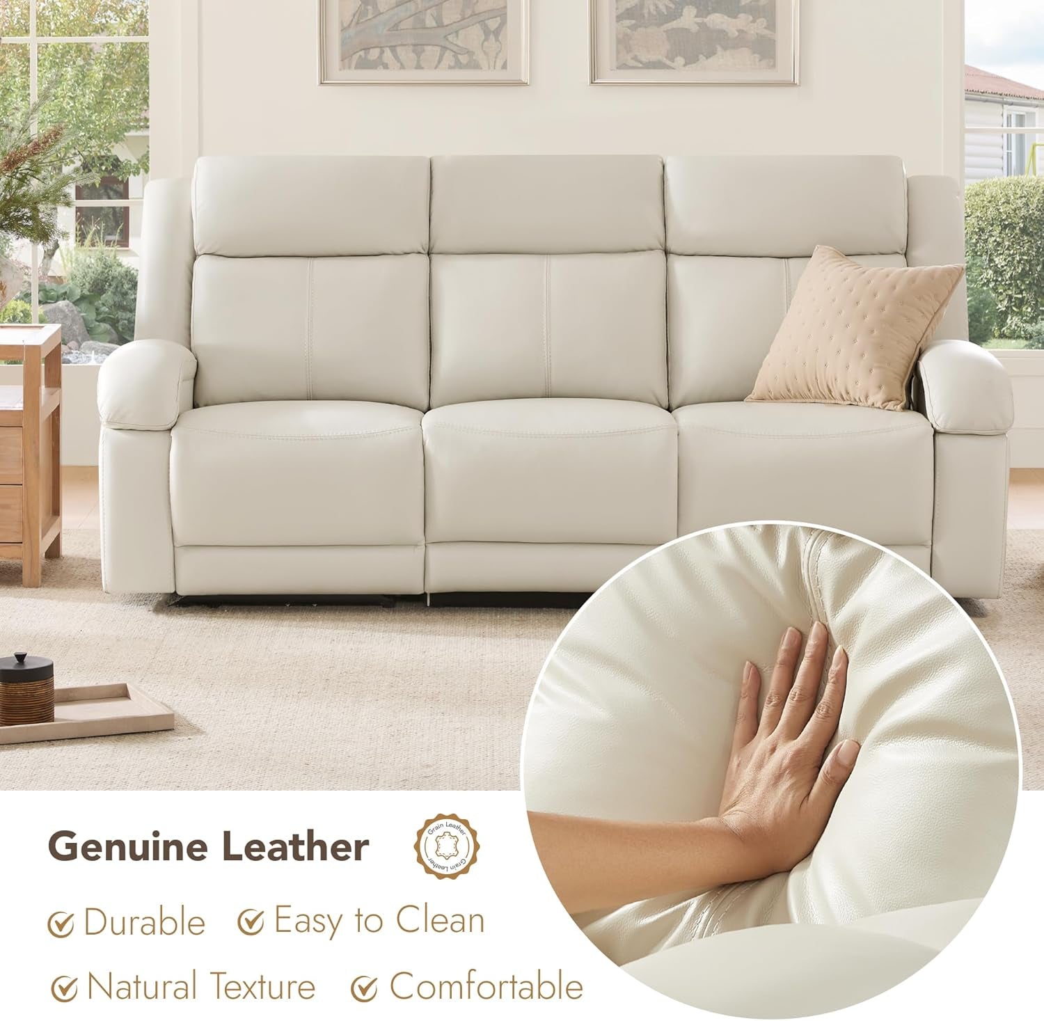 Genuine Leather Power Recliner Sofa, 3 Seater Wall Hugger Reclining Sofas with Power Headrest, USB & Typec Ports, Electric Recliner Couch Set for Living Room, Cream