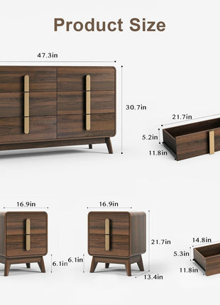 Mid-Century Modern Bedroom Furniture Set - 6-Drawer Dresser and Nightstand Pair with Gold Handles, Walnut Finish