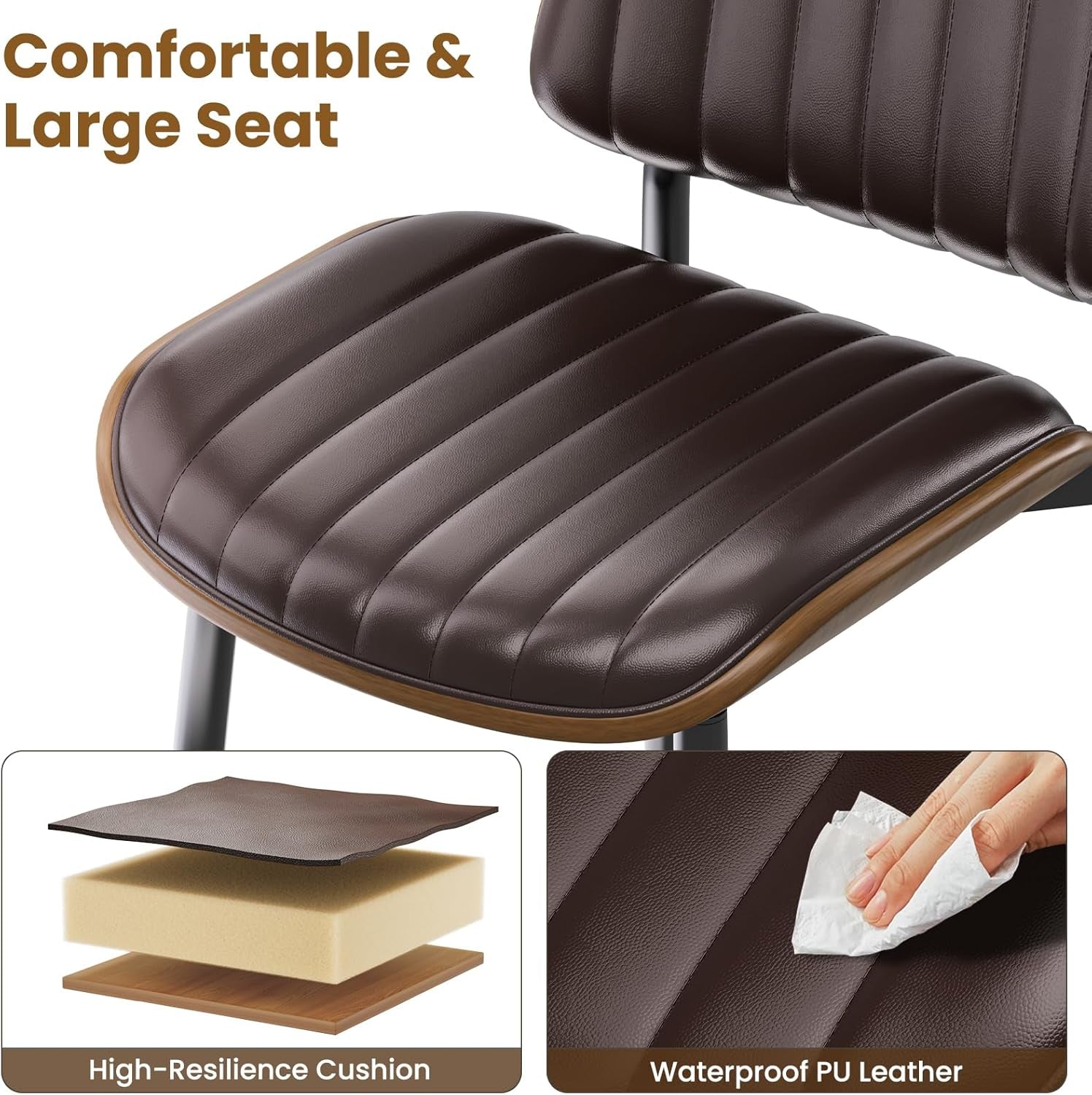 Dining Chairs Set of 4, Mid Century Modern Dining Room Kitchen Chairs, Upholstered PU Leather Vertical Stripe Chairs for Vanity with Walnut Bentwood and Metal Legs, Brown