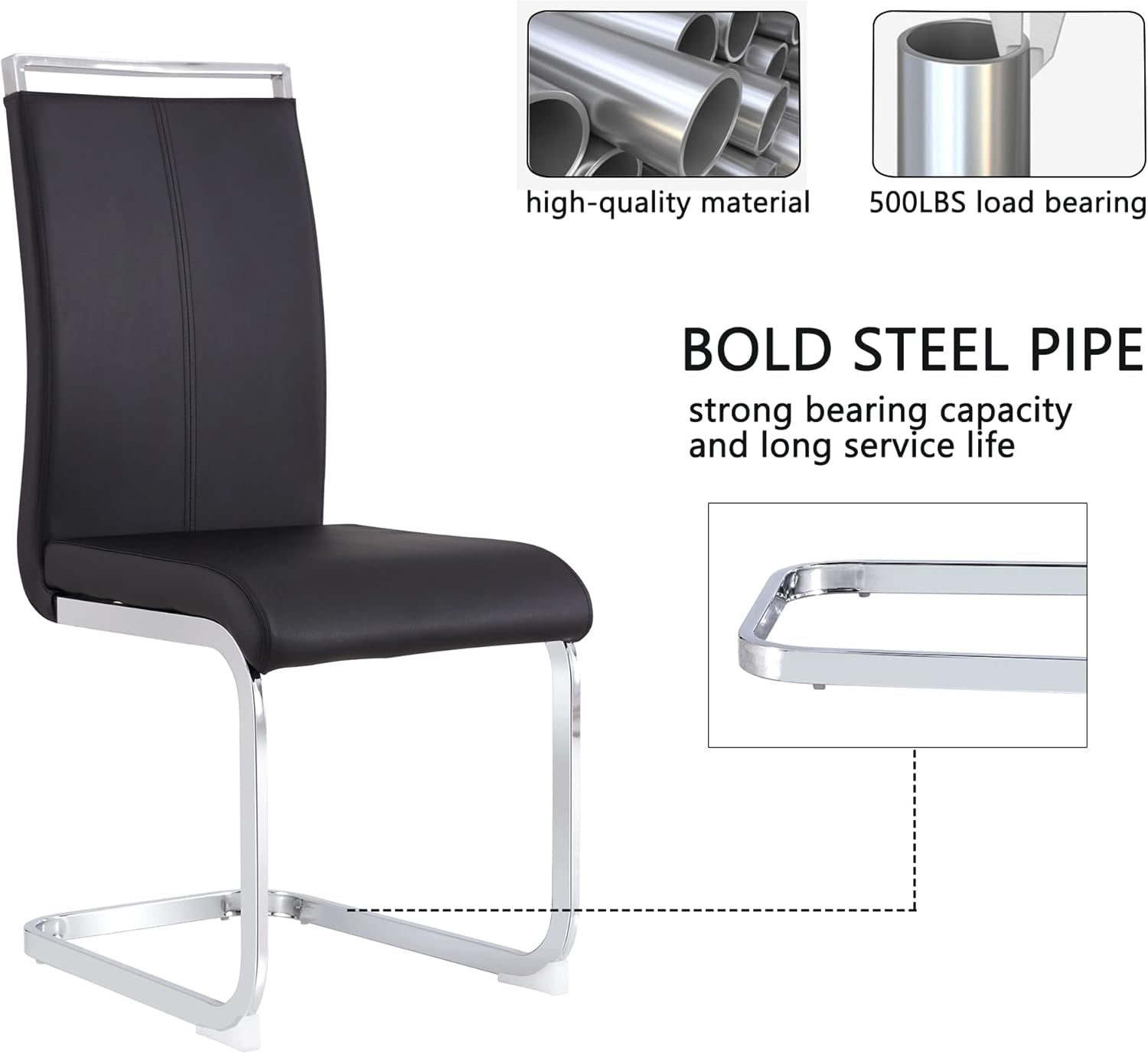 Modern Leather Dining Chairs Set of 4,Armless Kitchen Chairs,Dining Room Chairs with Upholstered Padded Seat and Sturdy Chrome Legs for Dining Room,Kitchen (Set of 4, Black+Pu Leather)