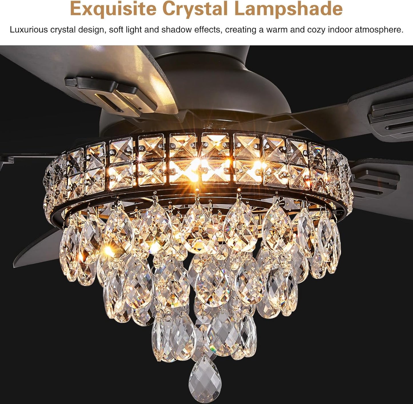 Crystal Ceiling Fan Fandelier with Lights-Ceiling Fans with Lights,50" Low Profile and Remote Control, Flush Mount, Reversible, Dimmable, Noiseless, Black Ceiling Fan for Bedroom