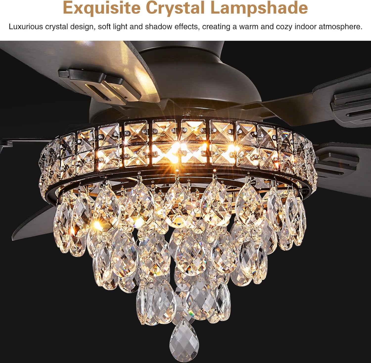 Crystal Ceiling Fan Fandelier with Lights-Ceiling Fans with Lights,50" Low Profile and Remote Control, Flush Mount, Reversible, Dimmable, Noiseless, Black Ceiling Fan for Bedroom