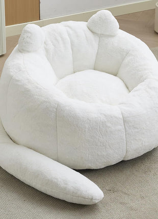 Large Cat-Shaped Bean Bag Chair - Faux Fur Upholstered Sofa for Adults with Padded Design and Cat Tail Accent, Soft Living Room Chair (White)