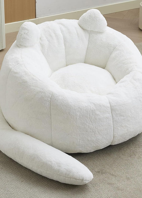 Large Cat-Shaped Bean Bag Chair - Faux Fur Upholstered Sofa for Adults with Padded Design and Cat Tail Accent, Soft Living Room Chair (White)