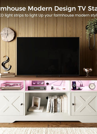 65-Inch Farmhouse TV Stand - Entertainment Center with Power Outlet, LED Lighting, and Storage Cabinets for Living Room and Bedroom in White Finish