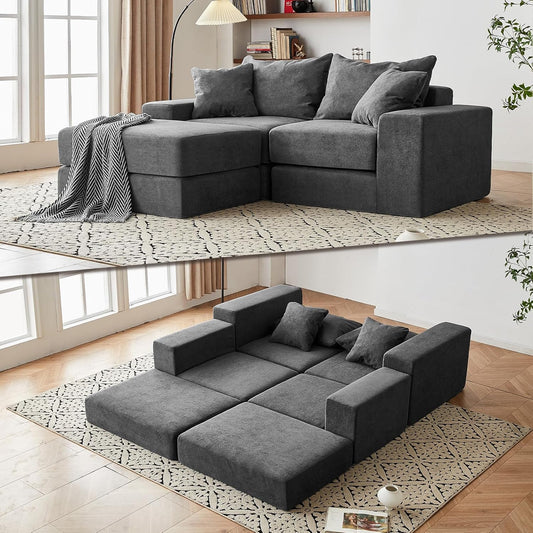 Modular Sectional Loveaeat Cloud Sofa, Boneless Couch with Non Slip Base, Cozy Sleeper Sofa for Customizable Living Spaces, Modern Modular Couch with L-Shape Chaise, Deep Seat & No Assembly, Grey