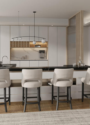 Set of 2 Modern Upholstered Counter Height Bar Stools, 26" with Black Legs, Beige Fabric for Kitchen Island and Dining Room