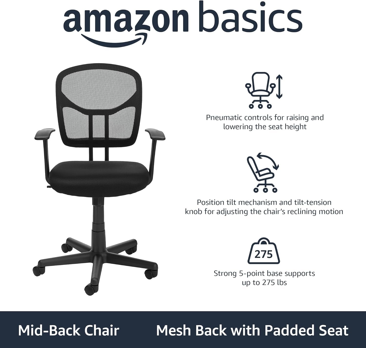 Mesh Mid-Back Adjustable-Height 360-Degree Swivel Office Desk Chair with Armrests, Lumbar Support and Easy to Assemble, Black
