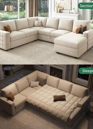 Elegant U-Shaped Sectional Sofa with Pull-Out Bed and Storage in Velvet Beige