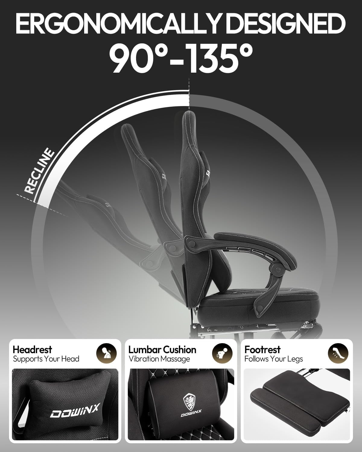 Gaming Chair with Footrest, Breathable Fabric Ergonomic Gamer Chair for Home Office, Extendable Long Leg Rest for Napping, Soft Seat with Lumbar Support, Gel Pad and Storage Bag, Black