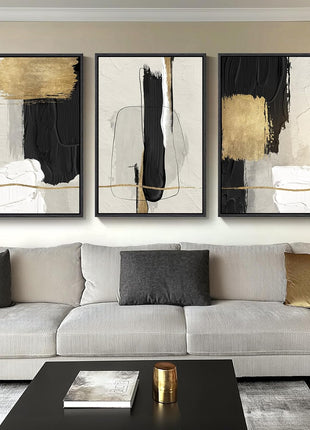 Large Framed Black and White Abstract Canvas Art Set - 3-Piece Modern Minimalist Wall Decor for Living Room and Office, 24x36 Inches