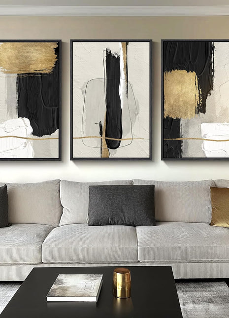 Large Framed Black and White Abstract Canvas Art Set - 3-Piece Modern Minimalist Wall Decor for Living Room and Office, 24x36 Inches