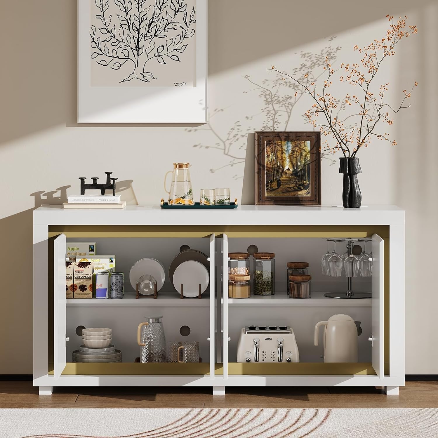 63"Sideboard Buffet Cabinet,Kitchen Buffet Storage Cabinet with Power Outlets & LED Light, Modern Storage Cabinet with 4 Doors,Coffee Bar Console Wine Bar for Living Room,Kitchen,Hallway (White)