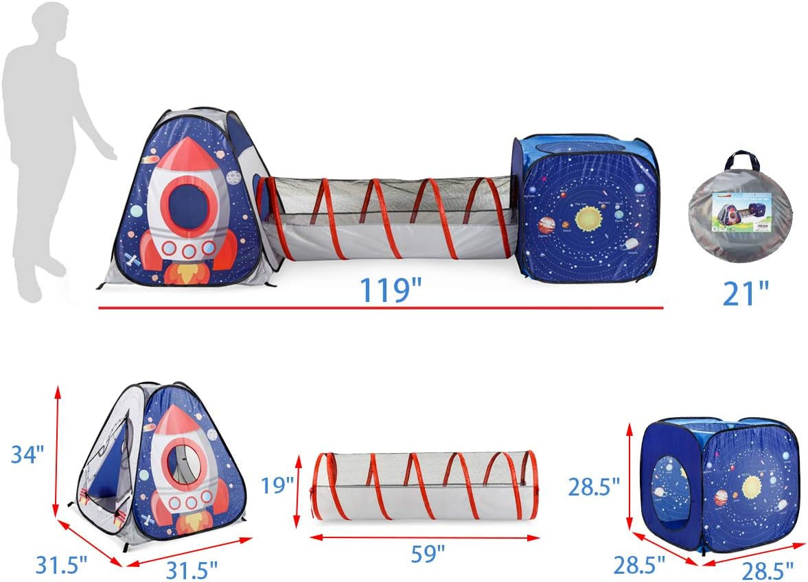 3Pc Space Astronaut Pop up Play Tents with Tunnels for Kids, Boys, Girls, Babies and Toddlers, Indoor/Outdoor Playhouse –Stem Inspired Design W/Solar System & Planet