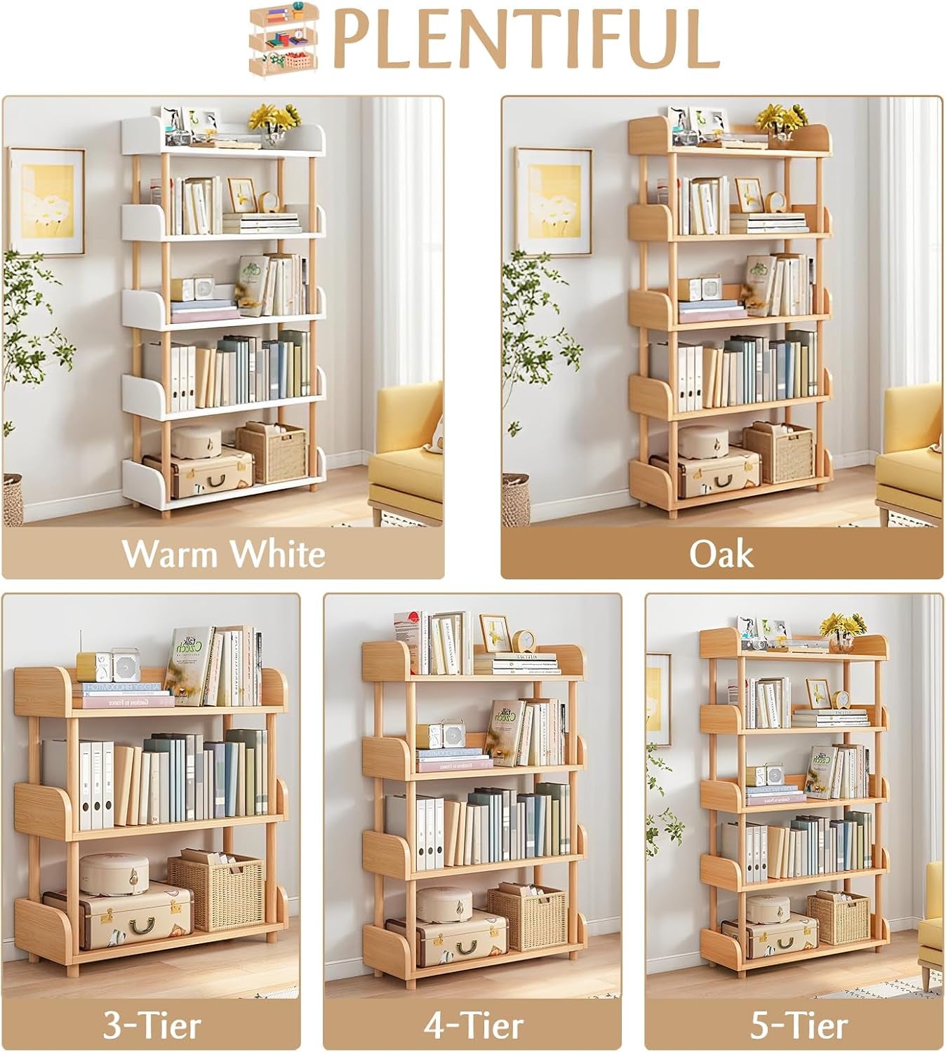 5-Tier Wooden Open Bookcase - Modern Display Bookshelf with Top Edge and Solid Wood Frame for Home and Office, Storage Cabinet, Oak