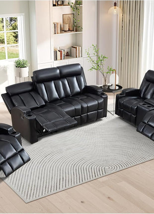 Premium PU Leather Manual Recliner Chair for Adults with Cup Holders and Padded Backrest, Overstuffed Heavy Duty Reclining Sofa for Living Room and Bedroom, Black