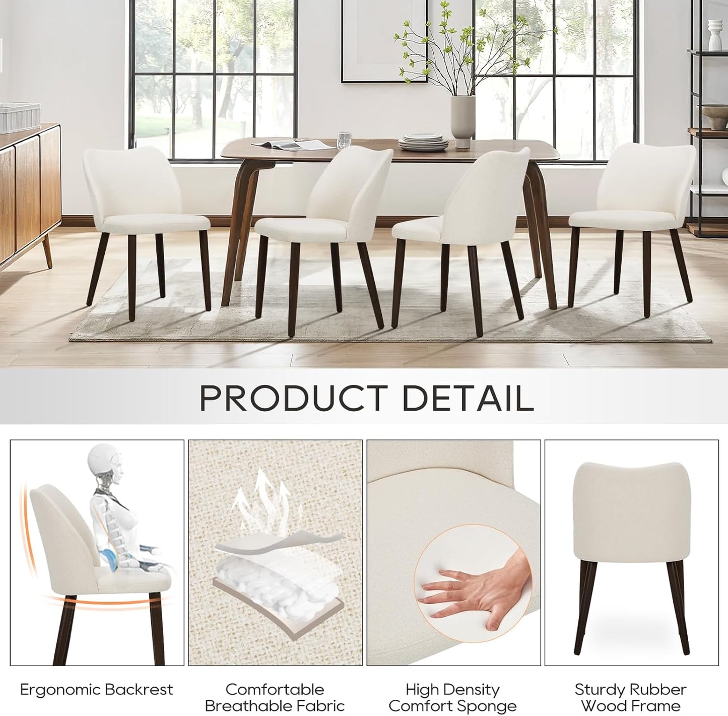 Upholstered Dining Chairs Set of 6, Modern Fabric Dining Room Kitchen Side Chair with Padded Seat and Wood Legs for Restaurant/Cafe, Beige