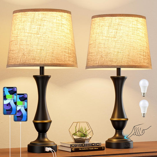 Upgraded Touch Lamps for Night Stands Set of 2 - Bedside Lamps with USB C+A, 3 Way Dimmable for Bedroom Living Room End Tables Office