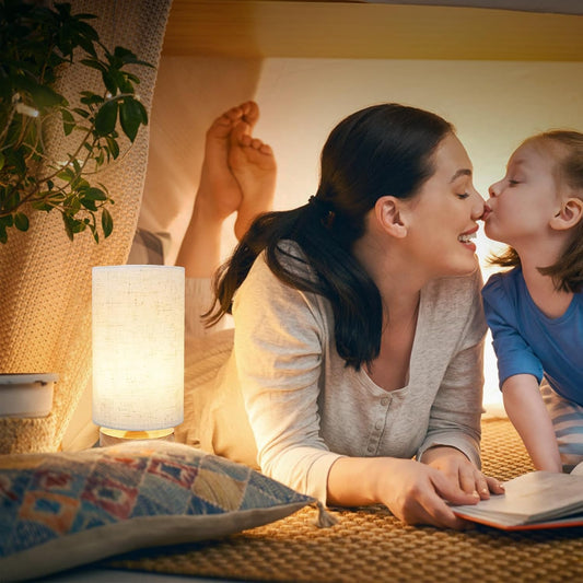 Small Bedside Table Lamp for Bedroom Set of 2,Minimalist Wood Base & round Fabric Shade,Mini Cute Cozy Warm Nightstand Boho Lamp Set, Study Desk Night Stand Light for Room, Dorm,Nursery,Living Room