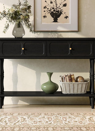 Mid-Century Modern Console Table with Drawers and Open Shelf for Entryway, Living Room, Foyer, and Hallway - Sleek Black Design