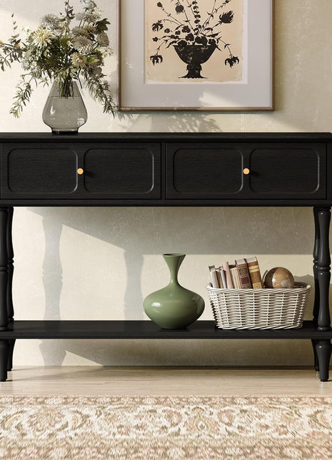 Mid-Century Modern Console Table with Drawers and Open Shelf for Entryway, Living Room, Foyer, and Hallway - Sleek Black Design