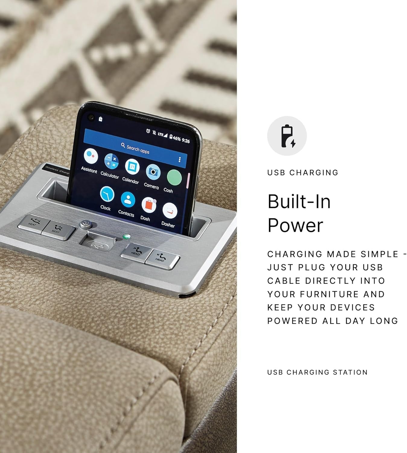 Next-Gen Durapella Power Reclining Sofa – Wireless & USB Charging, Zero-Gravity, Adjustable Headrest, Water-Repellent Faux Leather, Drop-Down Table, Beige/Brown, 86”