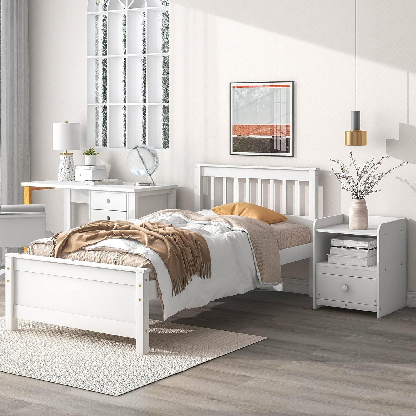 Bedroom Furniture Set with 1 Twin Beds Frame & 1 Nightstand, for Boys Girls, Kids Twin Beds Platform Bed Frame with Headboard & Footboard, Nightstand with 2 Open Shelves & Storage Drawer, White