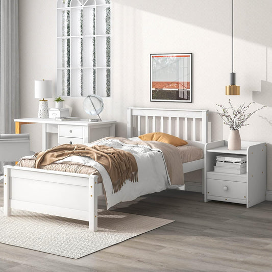 Bedroom Furniture Set with 1 Twin Beds Frame & 1 Nightstand, for Boys Girls, Kids Twin Beds Platform Bed Frame with Headboard & Footboard, Nightstand with 2 Open Shelves & Storage Drawer, White