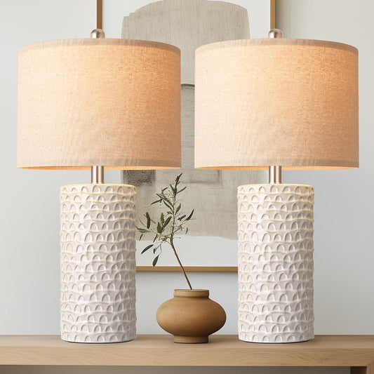23" Modern Ceramic Table Lamp Set of 2, Table Lamps for Living Room, Rustic Farmhouse Bedside Lamps Nightstand Lamp for Bedroom, White Desk Lamp for End Table Home Decor Beige