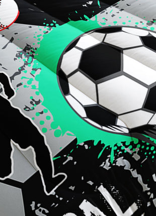 Twin Size Soccer Bedding Comforter Set with Football and Baseball Print, Sports-Themed Room Decor for Teen Boys, Gray and Black Hexagonal Pattern with Two Pillowcases.
