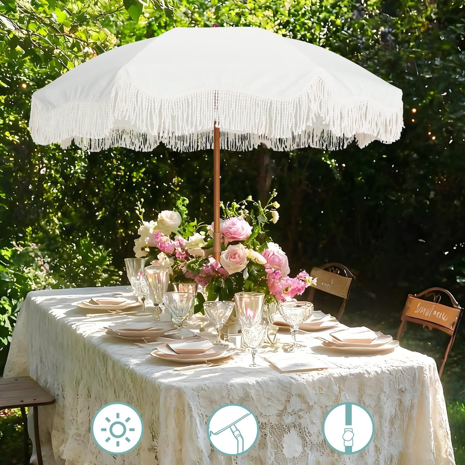 Boho Fringe Umbrella Outdoor Patio, 6.5Ft UPF50+ Picnic Umbrella with Tassels with Steel Pole and Push Button Tilt, Antique White