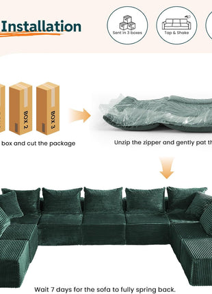 Luxurious 9-Seater U-Shaped Modular Sleeper Sofa with Ottomans in Elegant Green - No Assembly Required