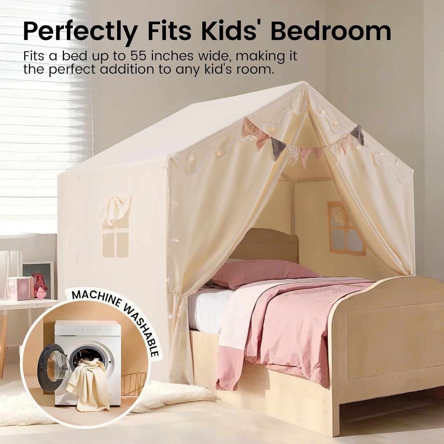 Kids Tent with Mat and Star Lights, Indoor Playhouse for Toddlers, 57"X36"X52" Large Reading Nook for Girls & Boys, Modern Bed Canopy for Kids Room