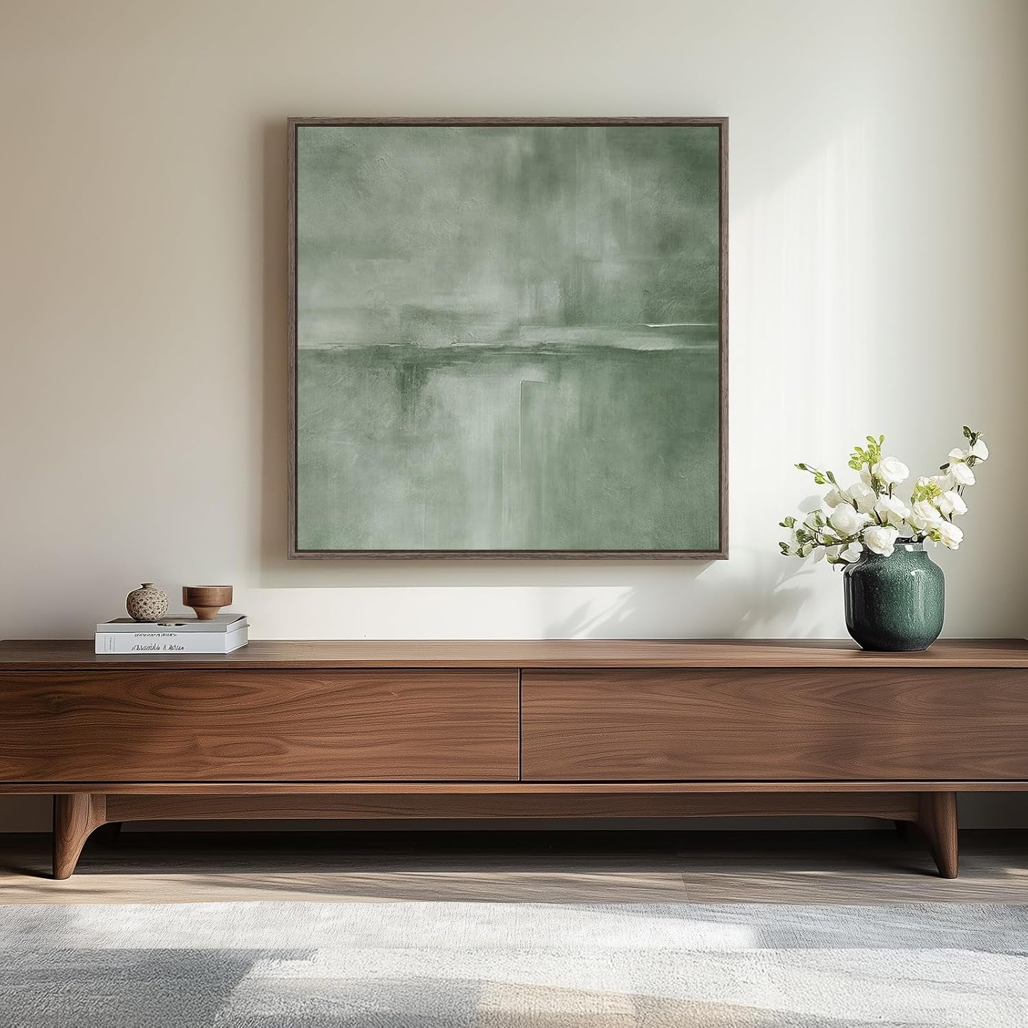 Framed Sage Green Abstract Wall Art, Modern Canvas Prints Artwork for Walls, Square Minimalist All Green Abstract Pictures for Living Room, Hallway, Fireplace, Bedroom, Home Office Wall Decor 30X30 In