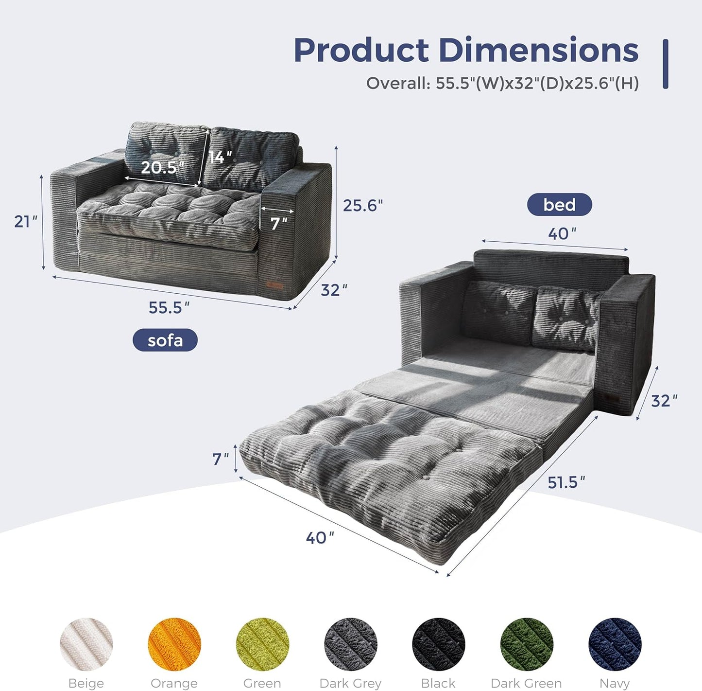 Convertible Sofa Bed, Pull Out Loveseat Sleeper Sofa, 2 in 1 Folding Couch Bed, Fold Out Floor Couch with Pillows for Living Room Bedroom Lounge, Dark Grey