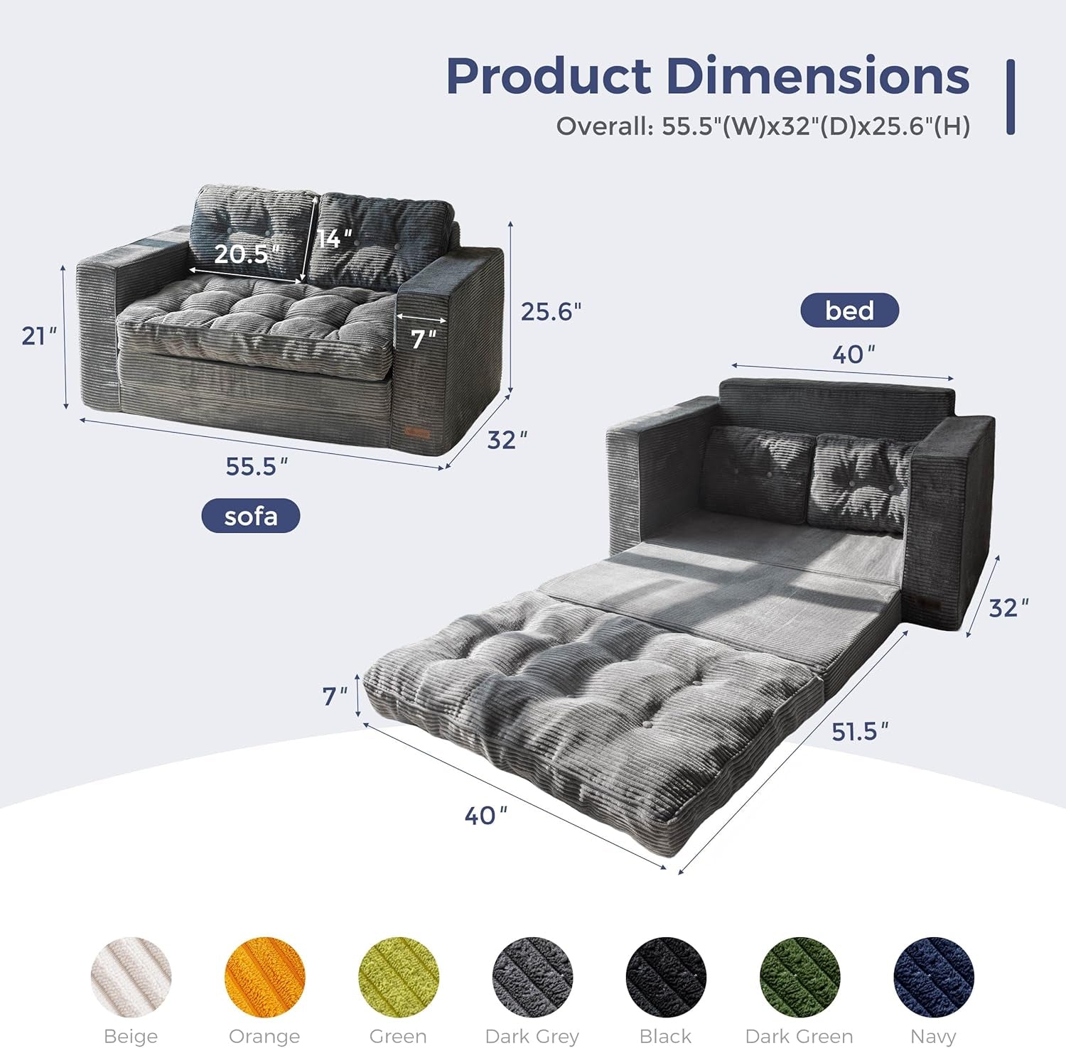 Convertible Sofa Bed, Pull Out Loveseat Sleeper Sofa, 2 in 1 Folding Couch Bed, Fold Out Floor Couch with Pillows for Living Room Bedroom Lounge, Dark Grey