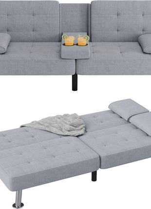 Modern Convertible Futon Sofa Bed with Recliner Lounge and Removable Armrests, Black PU Leather, Featuring Dual Cup Holders