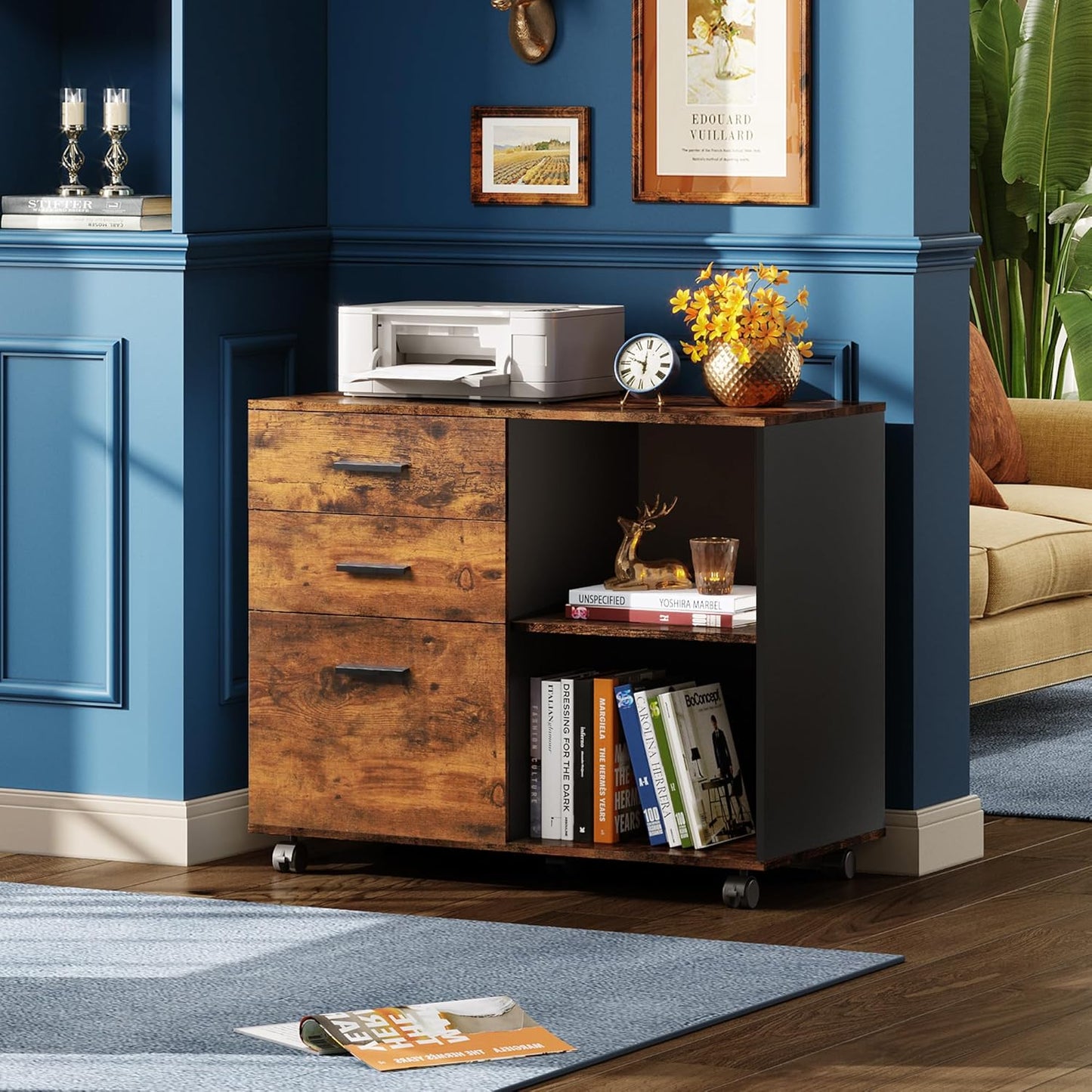 3 Drawer Mobile File Cabinet, Wood Lateral Filing Cabinet, Printer Stand with Open Shelves for Home Office, Rustic Brown