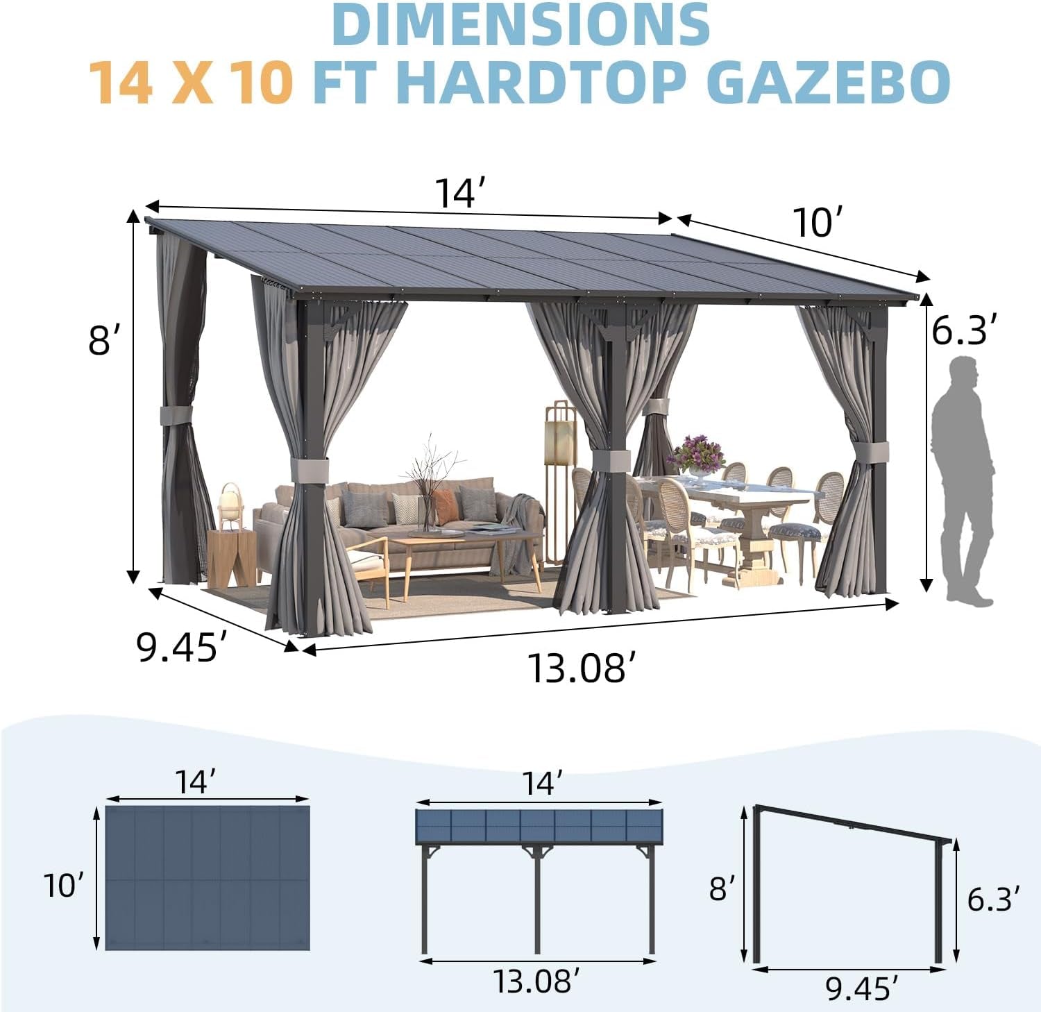 14' X 10' Gazebo for Patio, Hard Top Lean to Gazebo Pergola with Curtains and Mosquito Netting, Large Wall-Mounted Heavy Duty Awnings for Patio, Decks, Backyard and More