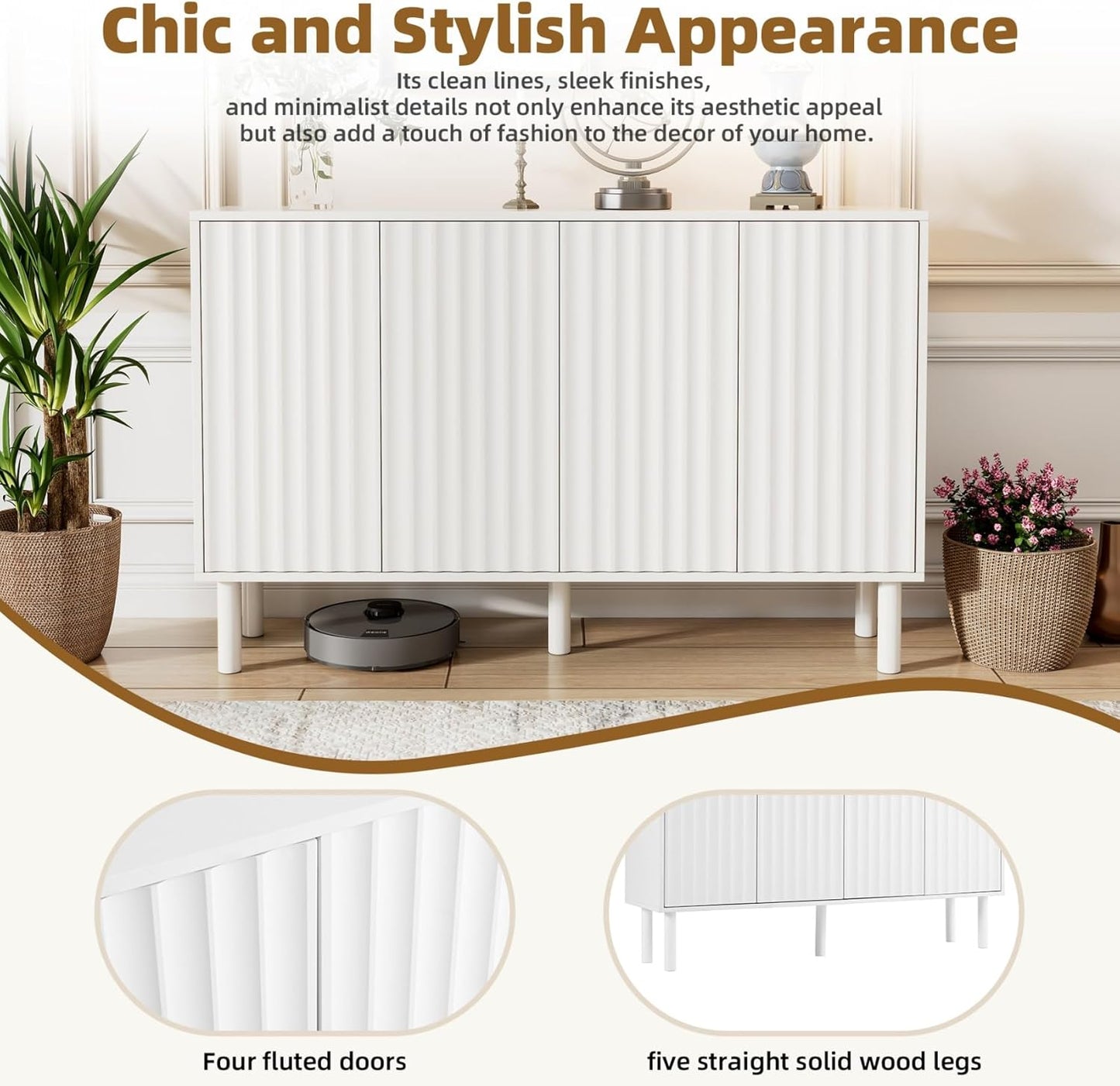 55” Shoe Cabinet Storage for Entryway with 4-Door, Freestanding Sideboard Buffet Hidden Table Organizer for Dinning Kitchen Living Room, Solid Wood Legs, Adjustable Shelves