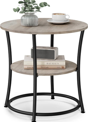 21.7-Inch Round Side Table with Steel Frame, Two-Tier Design, Generous Surface Area and Storage Shelves for Living Room and Bedroom, Heather Greige and Ink Black Finish