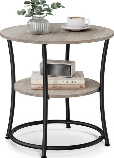 21.7-Inch Round Side Table with Steel Frame, Two-Tier Design, Generous Surface Area and Storage Shelves for Living Room and Bedroom, Heather Greige and Ink Black Finish