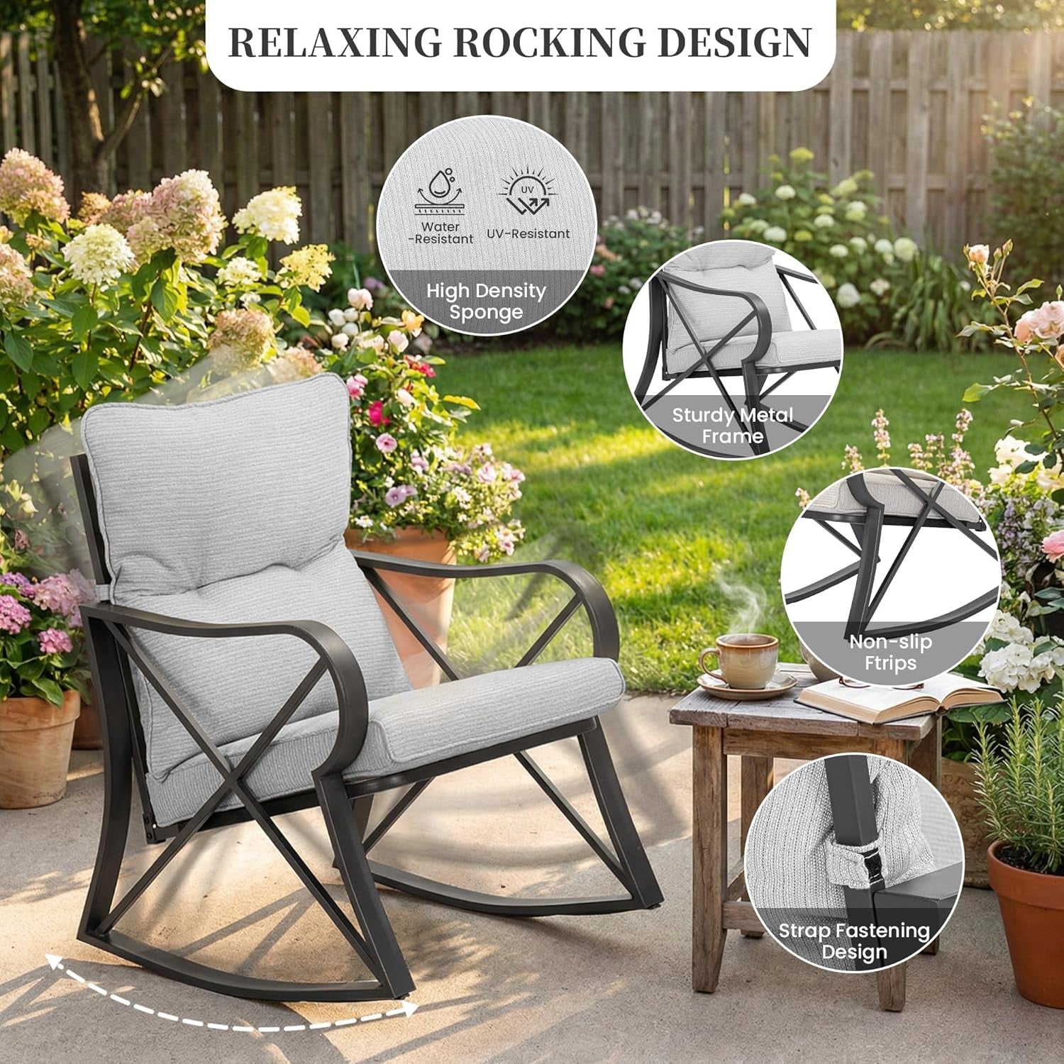 3 Piece Bistro Set Patio Rocking Chairs Outdoor Furniture W Warm Gray Cushions, Glass-Top Table for Garden, Pool, Backyard