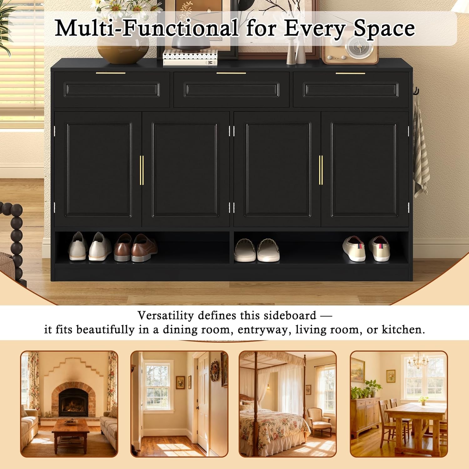 Buffet Table with 3 Drawers, 59.1" Multi-Functional Buffet Cabinet with Storage, Sideboard Cabinet with Adjustable Shelf for Dining Room, Living Room, Entryway, Black