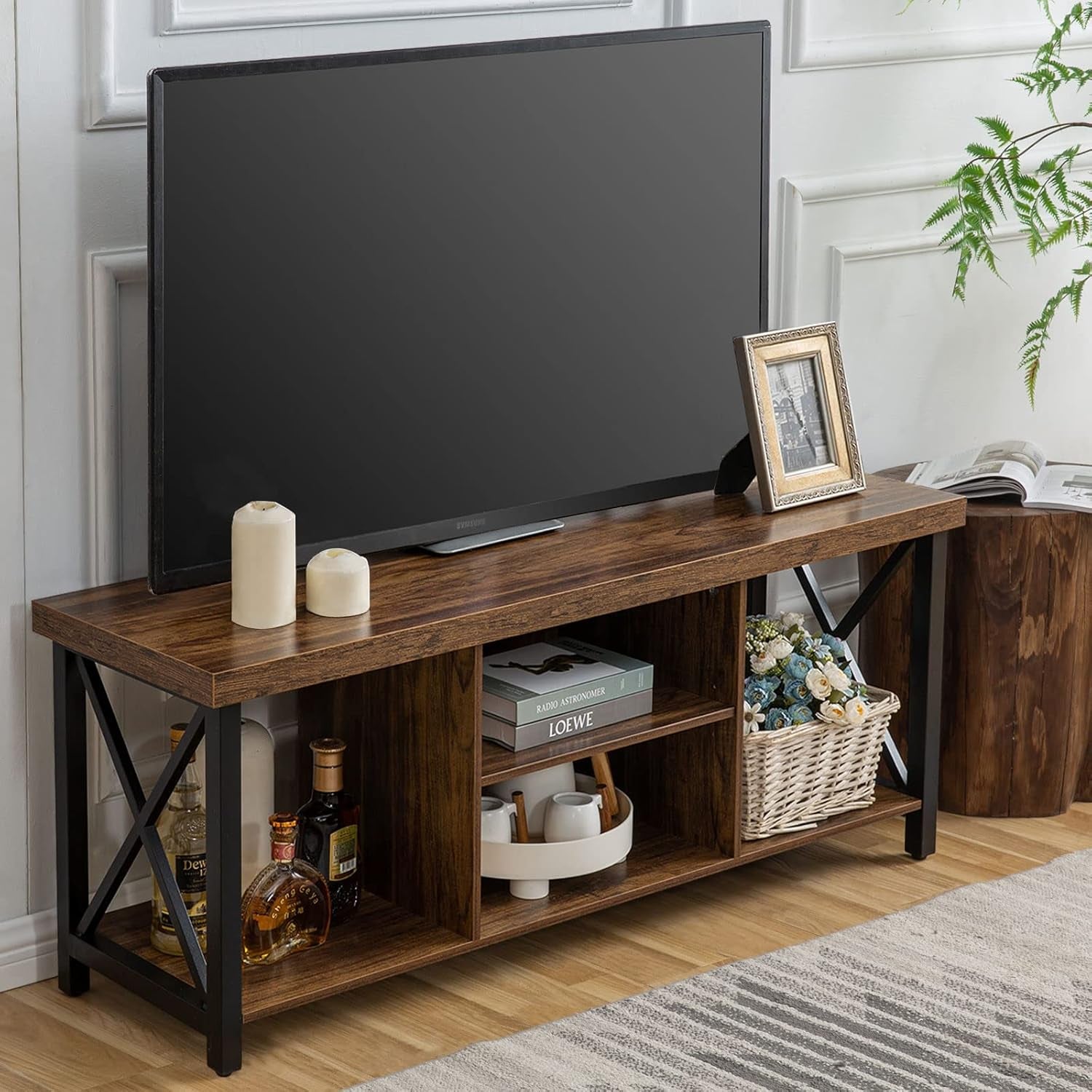 TV Stand for TV up to 55 Inches, TV Cabinet with Open Storage, TV Console Unit with Shelving for Living Room, Entertainment Room, Rustic Brown