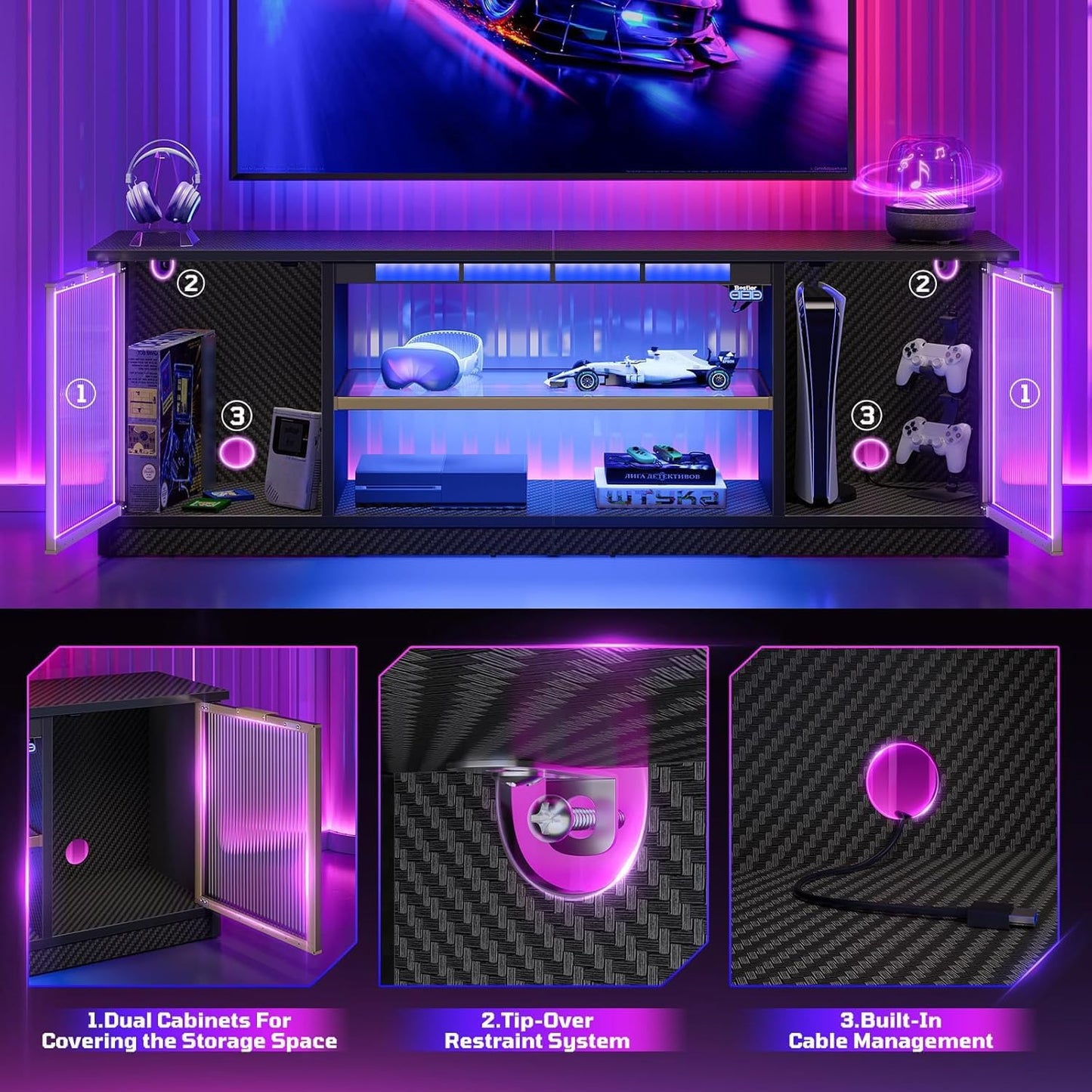 Gaming TV Stand with Music Sync Light, Flow Vibe Entertainment Center with Storage for PS5 Xbox, RGB LED Party Modes Television Stands for 50/55/60/65 Inch TV (Black 3D Carbon Fiber, 57 Inch)