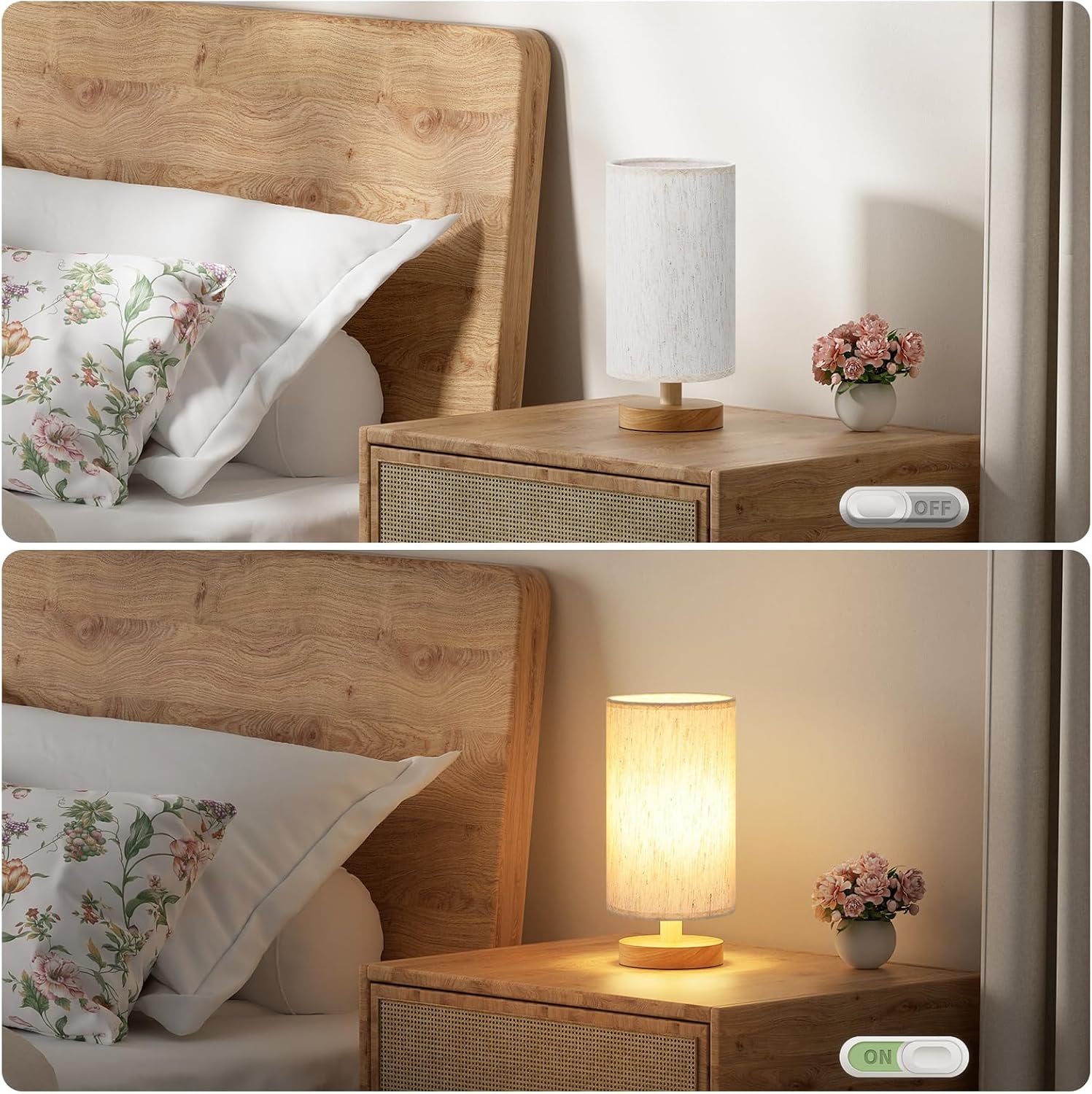 Small Table Lamp for Bedroom - Inline Control, Bedside Lamp with 3000K A15 LED Blub, Easy Assembly (Cream Shade - Wood Base, 9" Inline Control)