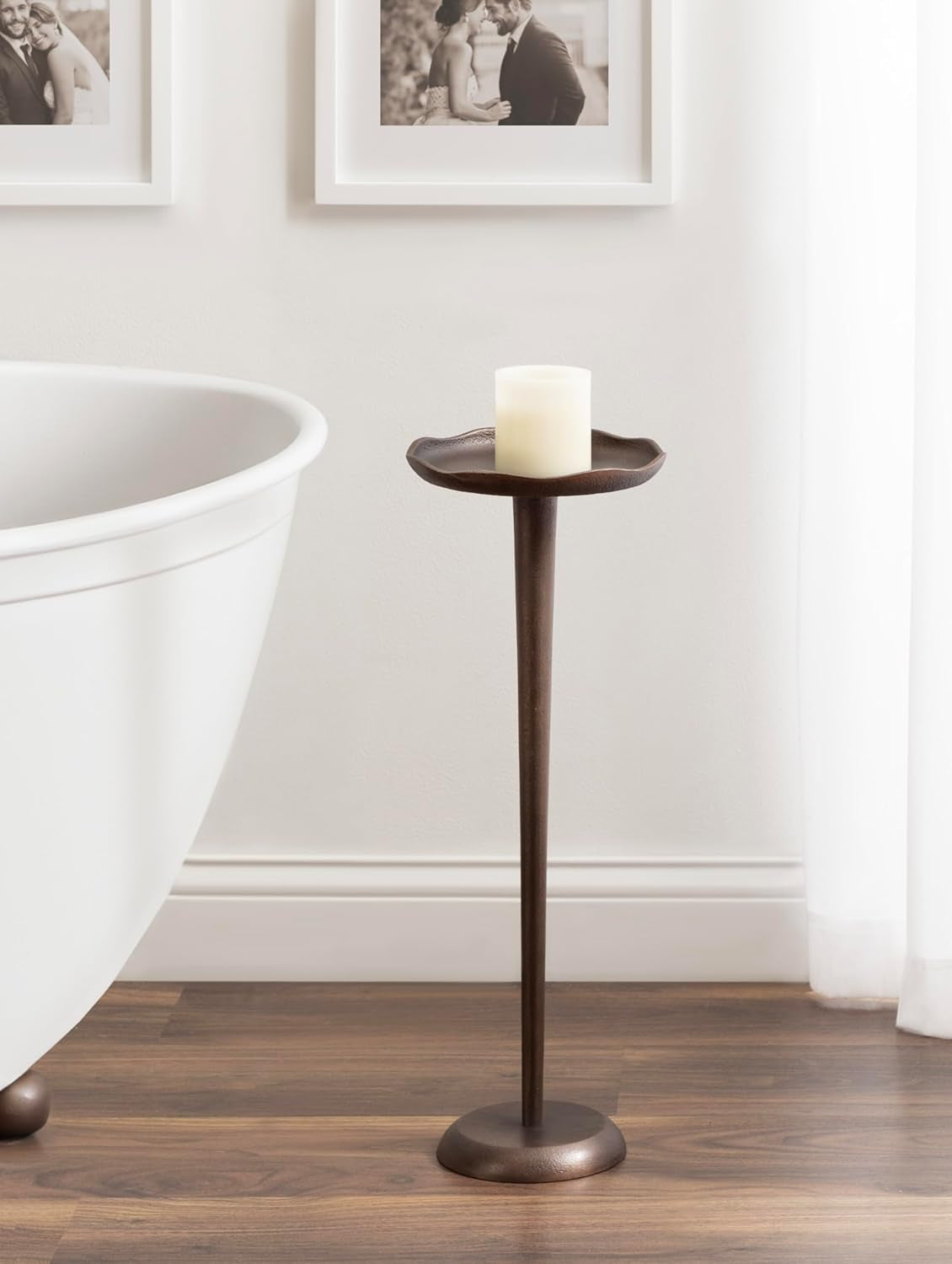 Alessia Modern Decorative Metal Drink Table, 8 X 8 X 22, Bronze, round Cast Aluminum Pedestal Plant Stand with Rough Texture and Deckled Edge